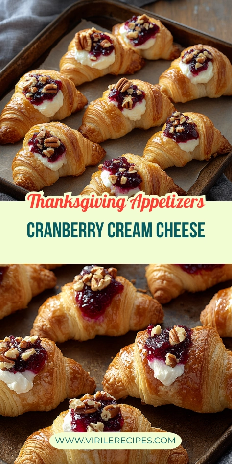 Golden croissants filled with cream cheese, topped with cranberry jam and pecans on a rustic baking tray.