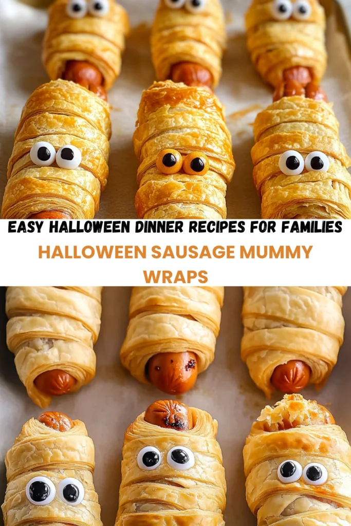 Spooky and fun Halloween sausage mummy wraps with puff pastry and candy eyes, perfect for Halloween dinner ideas