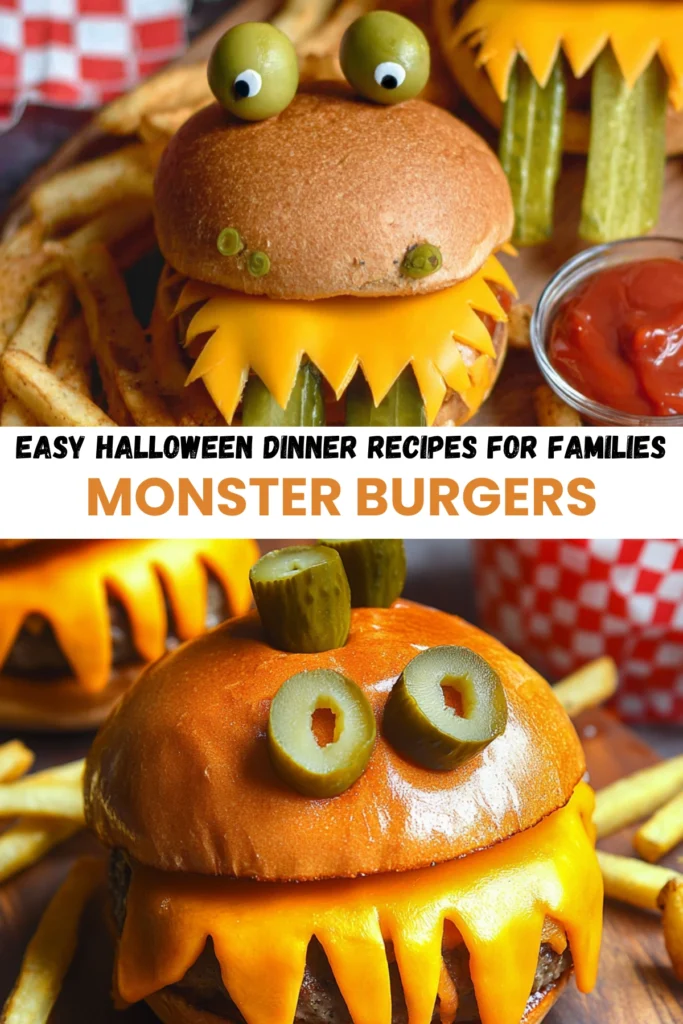Halloween monster burgers with cheddar cheese teeth, pickle tongues, and green olive eyes, served with crispy French fries and ketchup.