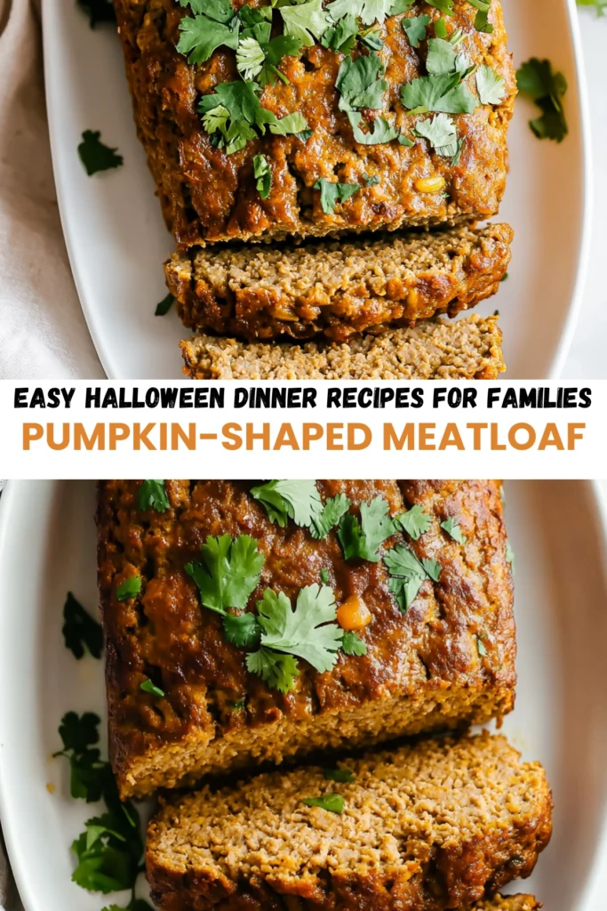 Pumpkin-shaped vegetarian meatloaf with fresh cilantro garnish, sliced into portions and served on a white dish, showing its moist interior.