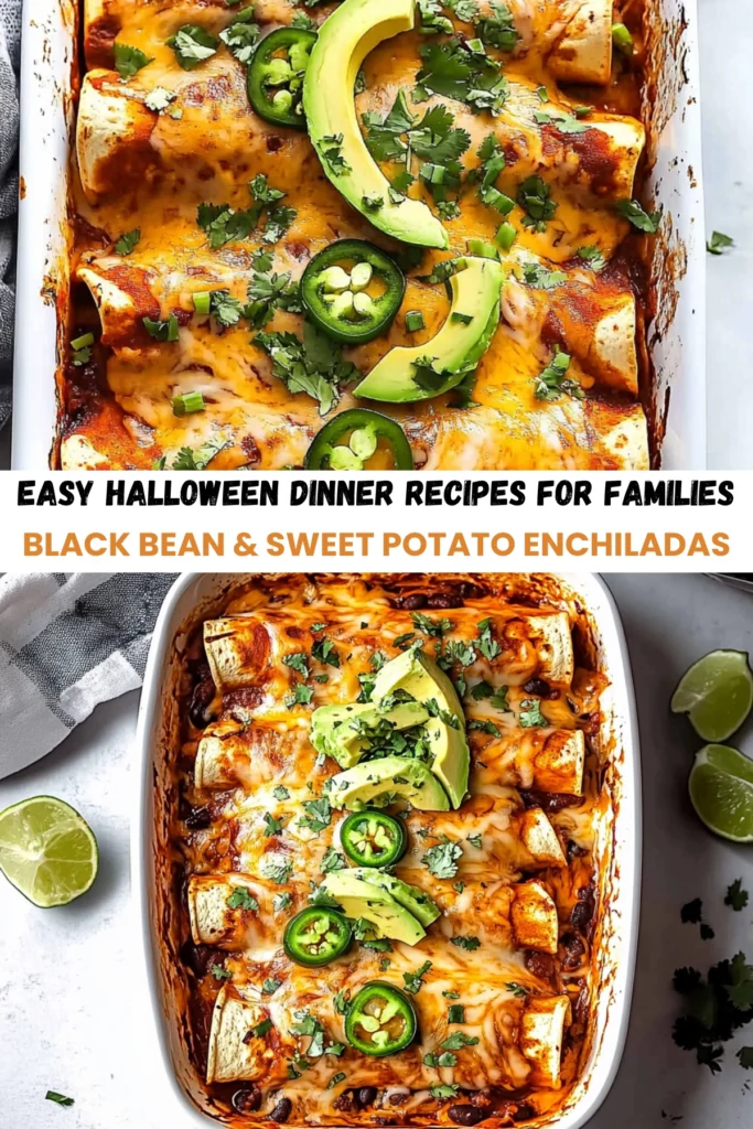 Black bean and sweet potato enchiladas with melted cheese, topped with fresh avocado, jalapenos, and cilantro, served with lime wedges.