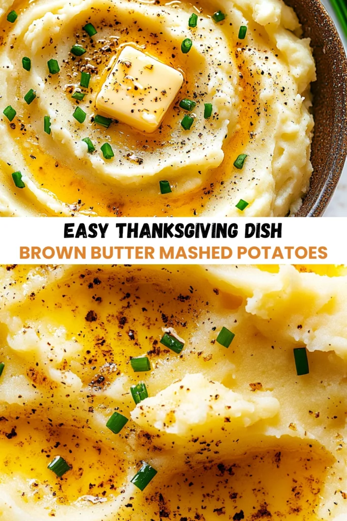 Close-up of creamy brown butter mashed potatoes with a pat of butter, chives, and black pepper.