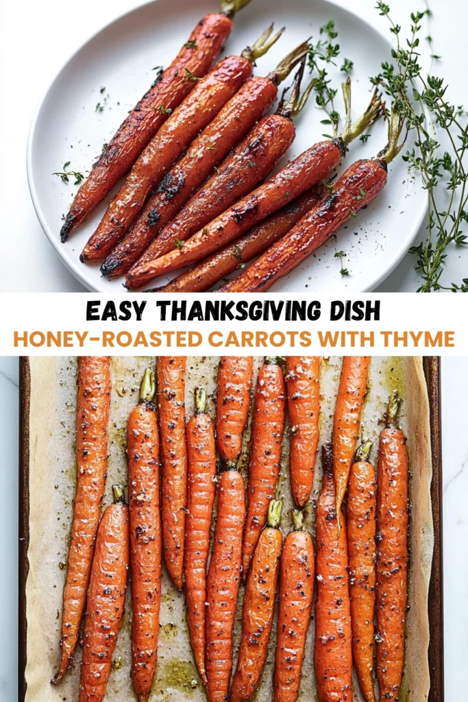 A close-up of honey-roasted carrots with thyme on a white plate, with more roasted carrots on a parchment-lined baking sheet in the background.