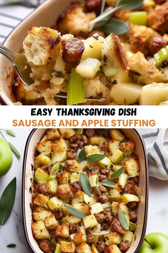 A fork lifting a serving of sausage and apple stuffing, with crispy bread cubes, sausage, celery, and apple chunks, garnished with fresh sage leaves.