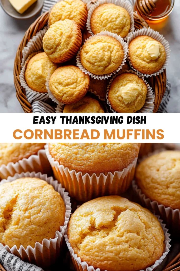 Golden cornbread muffins with butter in cupcake liners, served in a rustic basket.