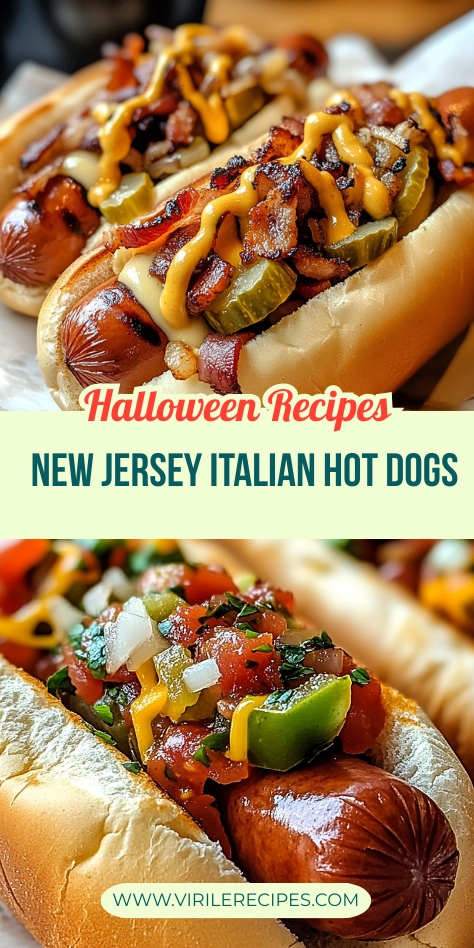 Delicious New Jersey Italian hot dogs topped with crispy bacon, pickles, mustard, and fresh salsa with tomatoes, green peppers, and onions in toasted buns.