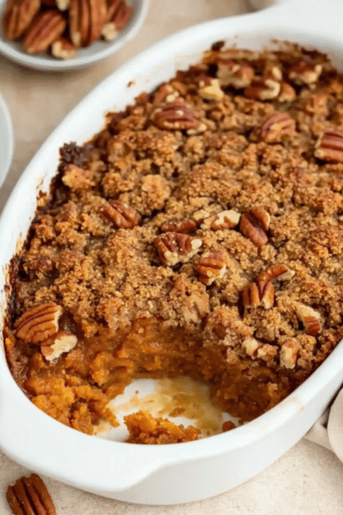 Close-up of freshly baked sweet potato cobbler with pecan streusel topping in a white baking dish.