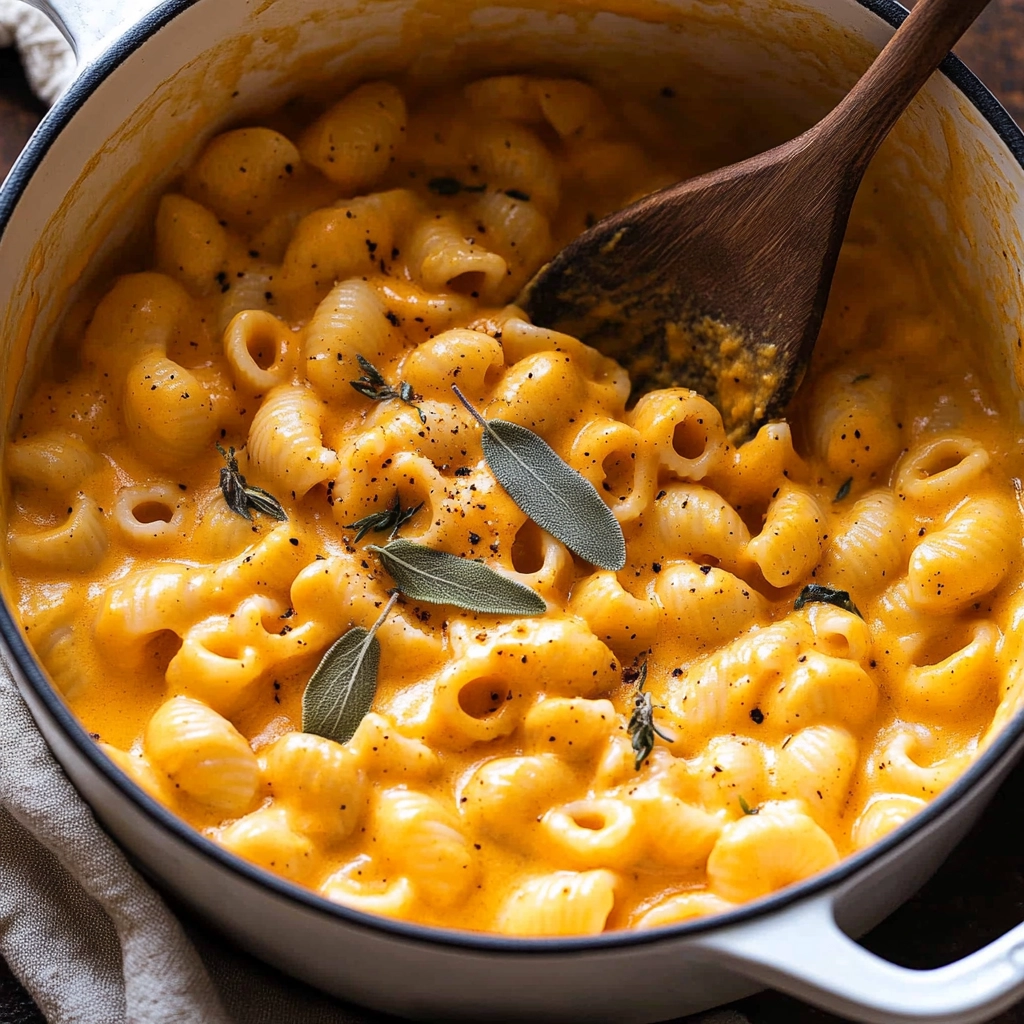 Close-up of creamy pumpkin mac and cheese with crispy sage in a white Dutch oven.