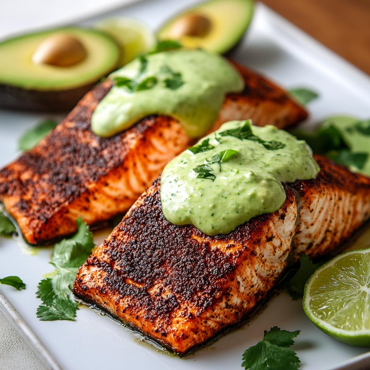 Baked Cajun Salmon And Avocado Lime Sauce