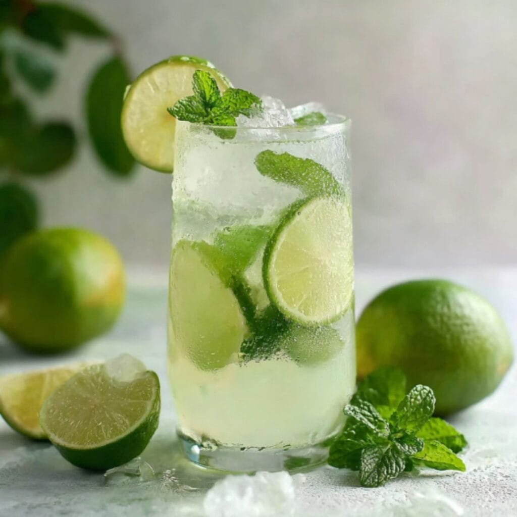 Virgin Mojito with fresh lime slices and mint in a tall glass, served with ice, offering a perfect balance of refreshing flavors.