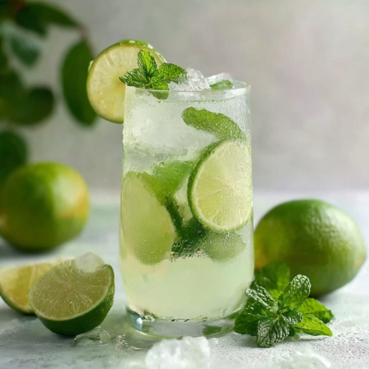 Virgin Mojito with fresh lime slices and mint in a tall glass, served with ice, offering a perfect balance of refreshing flavors.