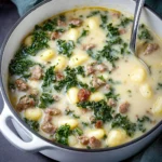 A close-up shot of creamy gnocchi soup with sausage and kale in a white ceramic bowl, showcasing the tender gnocchi, sausage, and vibrant green kale in rich broth.