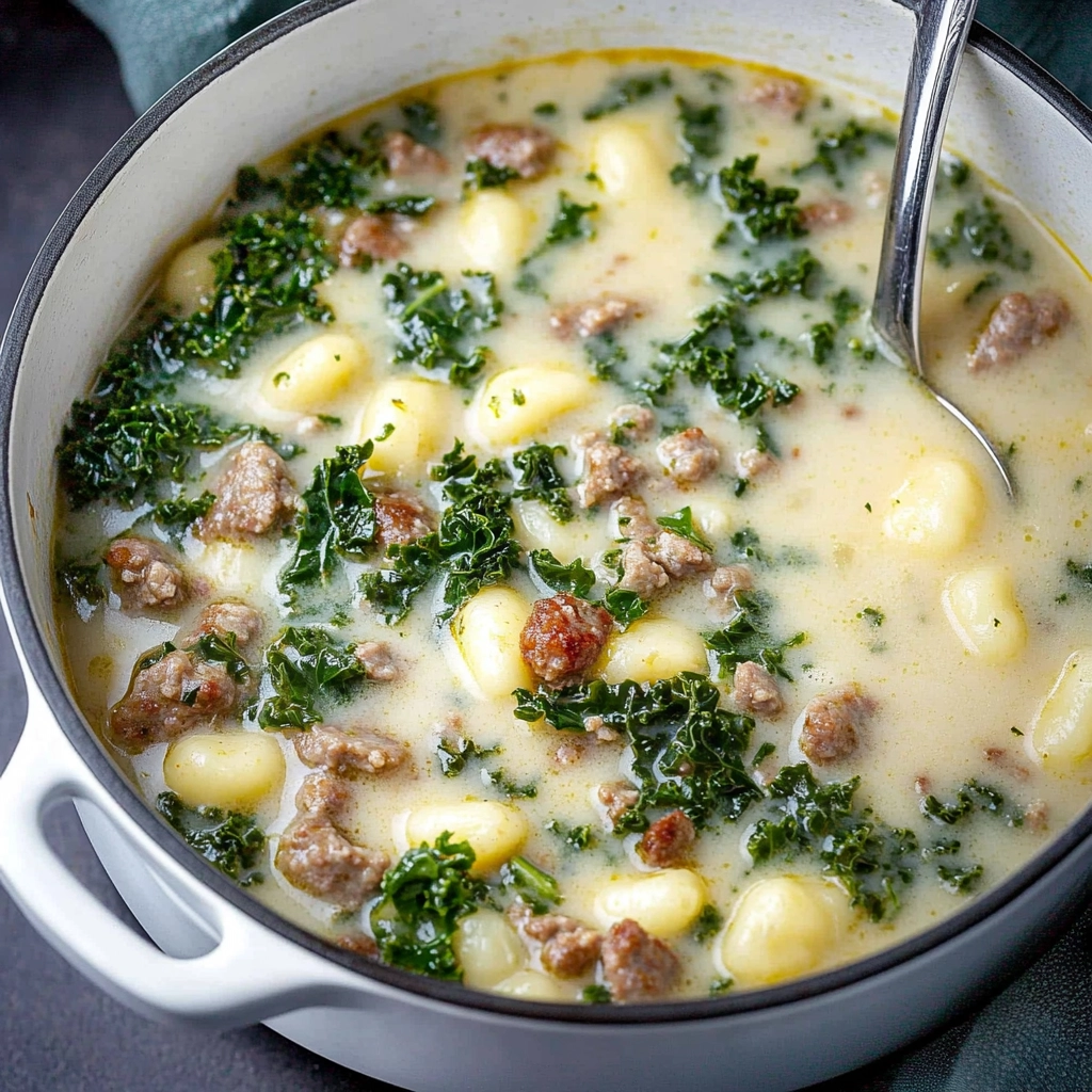 A close-up shot of creamy gnocchi soup with sausage and kale in a white ceramic bowl, showcasing the tender gnocchi, sausage, and vibrant green kale in rich broth.