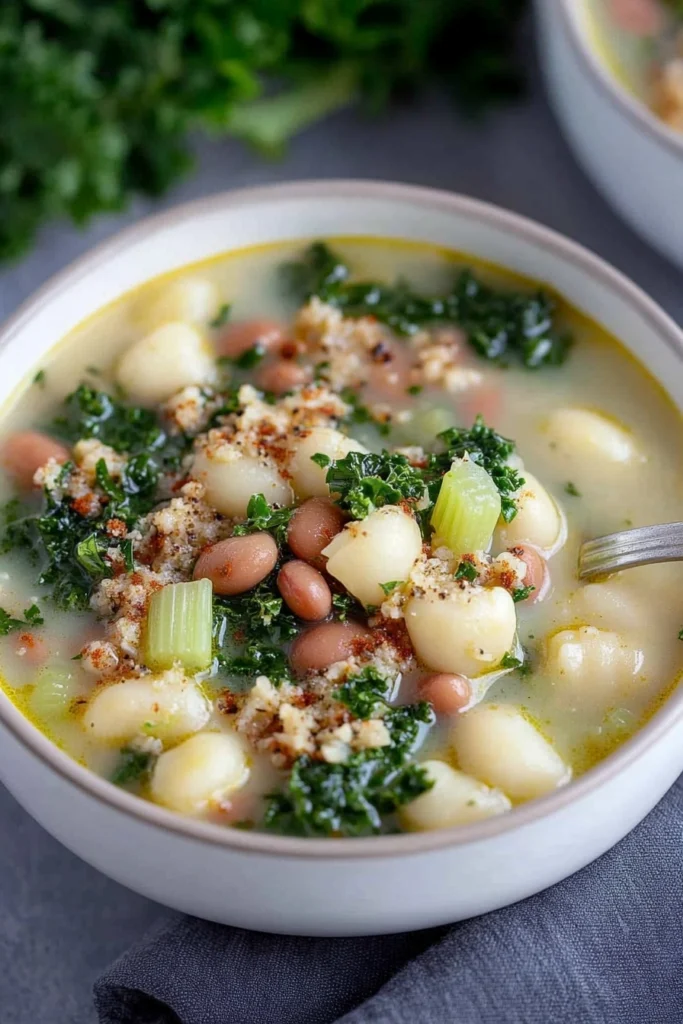 A close-up view of creamy gnocchi soup with sausage and kale in a large pot, showcasing tender gnocchi, sausage, and fresh kale in a creamy, rich broth.