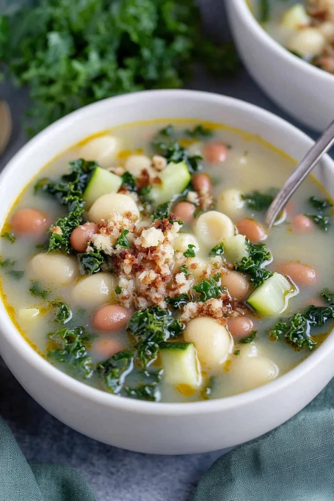 A close-up shot of creamy gnocchi soup with sausage and kale in a cast-iron pot, showcasing the tender gnocchi, sausage, and vibrant kale in rich, creamy broth.
