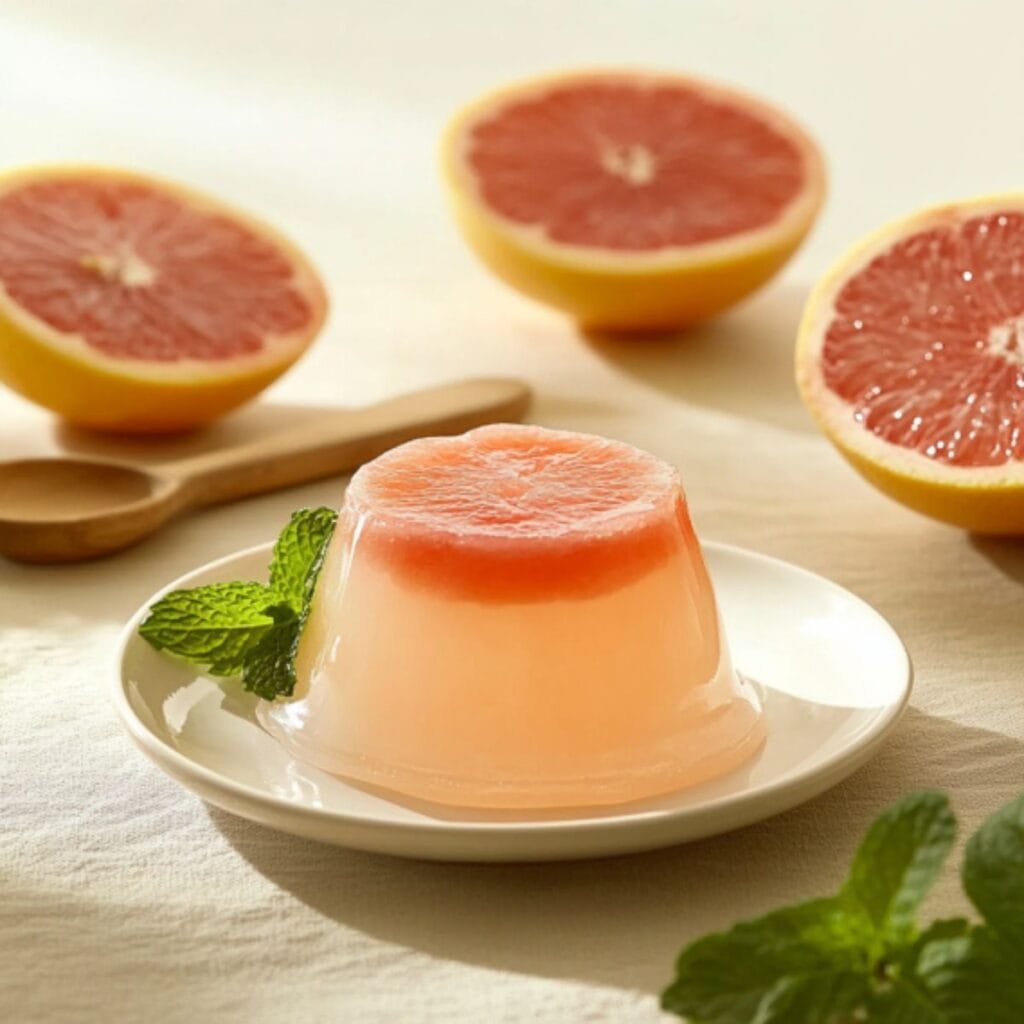 Elegant grapefruit mint gelatin on a white plate, styled with grapefruit halves and mint leaves on a neutral background.