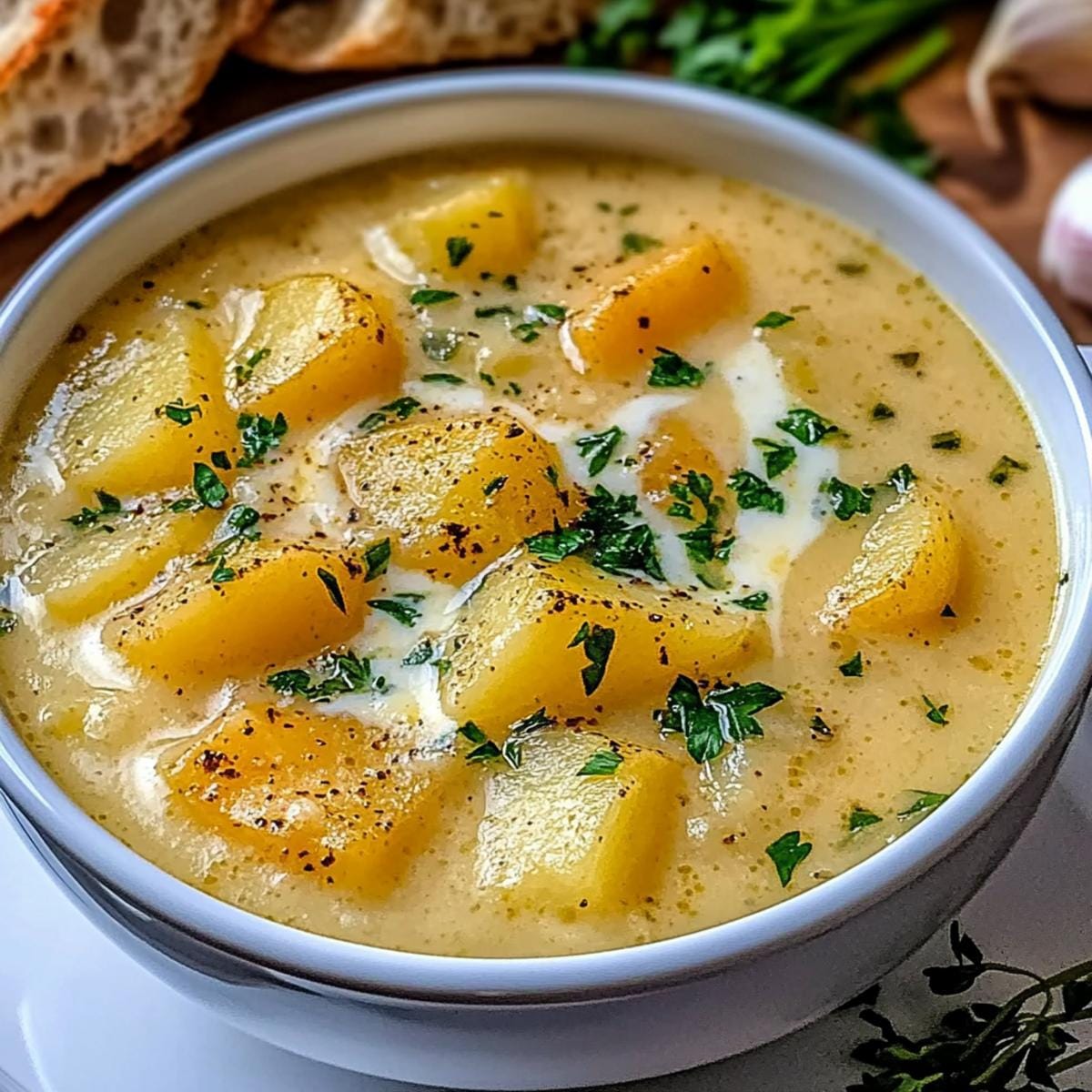 Hearty Cheddar Garlic Herb Potato Soup