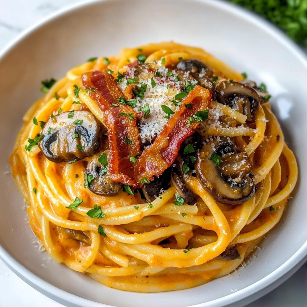Pumpkin & Mushroom Spaghetti with Crispy Bacon