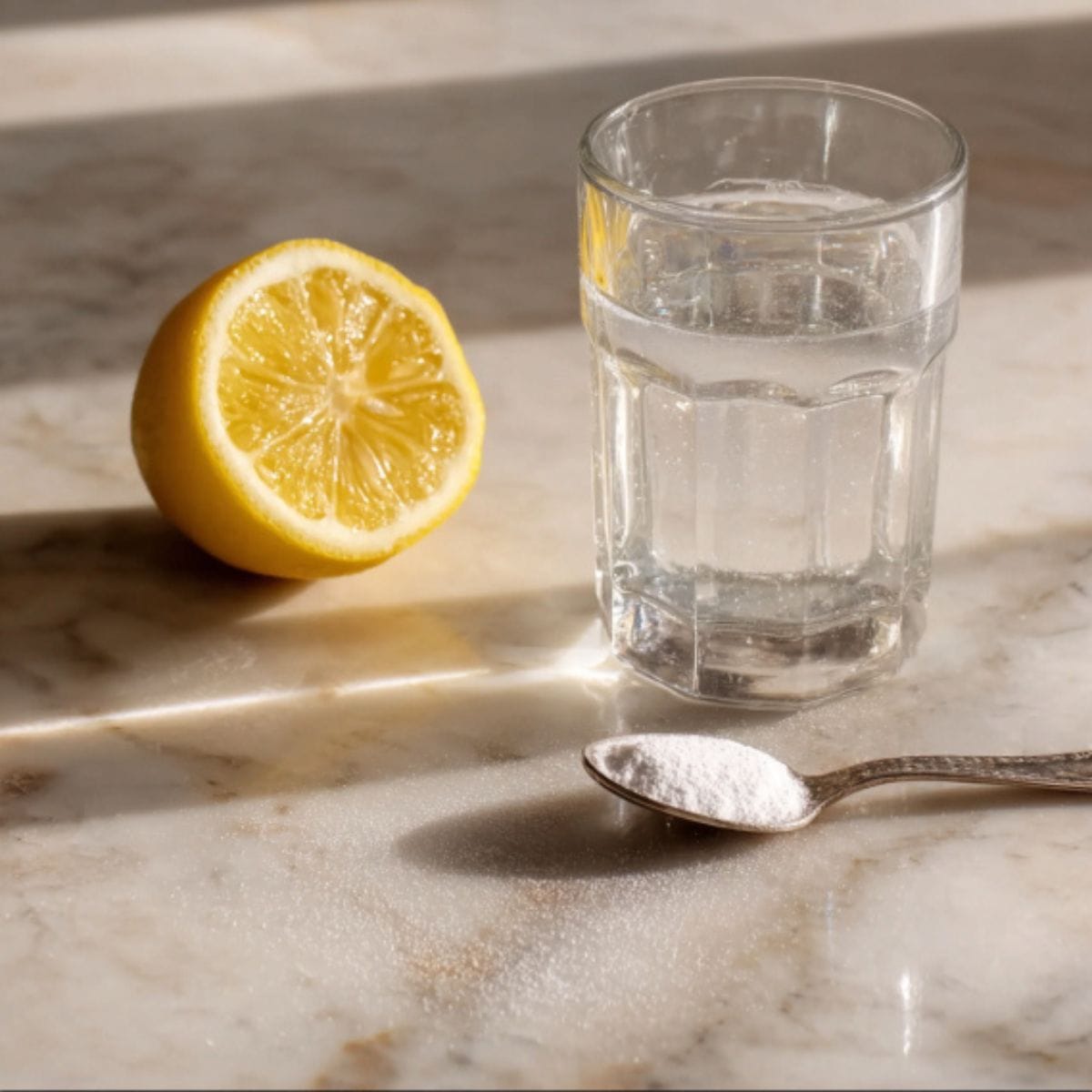 Baking soda, lemon half, and glass of sparkling water on marble counter in sunlight