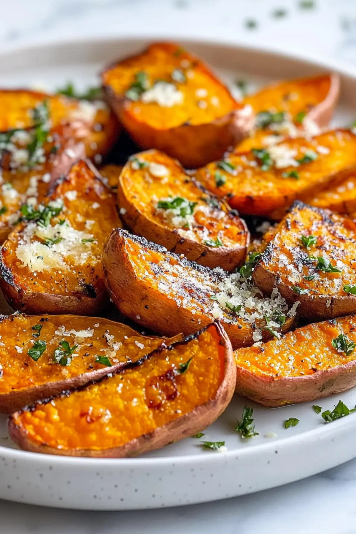 Roasted Sweet Potatoes with Garlic & Parmesan