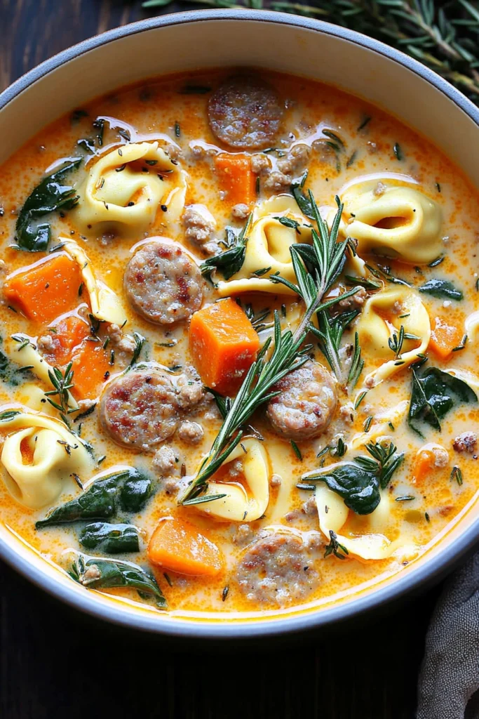 A close-up shot of creamy tortellini soup with sausage, spinach, and sweet potato, garnished with fresh rosemary and thyme sprigs, served in a white bowl with rich broth.
