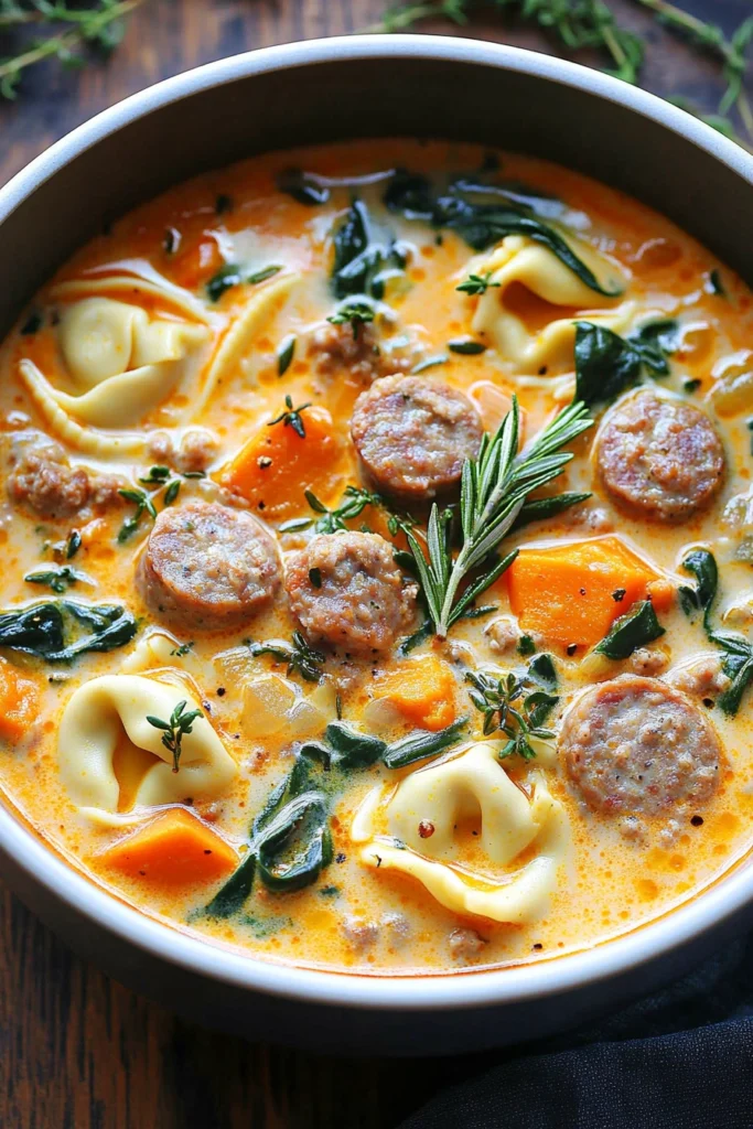 A close-up of creamy tortellini soup with sausage, spinach, sweet potato, and fresh thyme and rosemary, floating in a rich orange broth, served in a rustic white bowl.