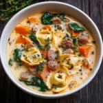 A close-up of creamy soup with tortellini, sausage, spinach, and sweet potato, garnished with fresh thyme leaves, showing vibrant ingredients in a rich broth.