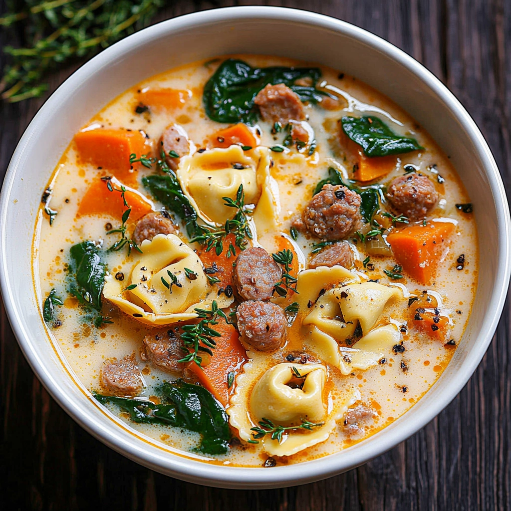 A close-up of creamy soup with tortellini, sausage, spinach, and sweet potato, garnished with fresh thyme leaves, showing vibrant ingredients in a rich broth.