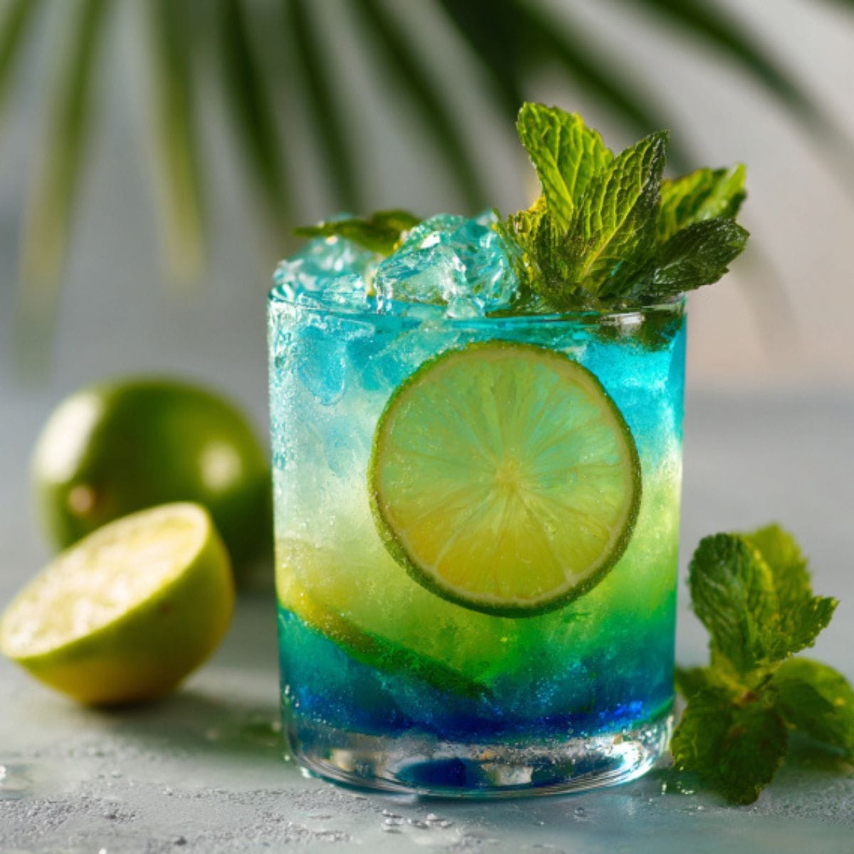 Vibrant Liquid Maria Juana Drink with lime slice and mint leaves, layered blue and green cocktail served on a tropical background.
