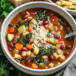 A close-up shot of a colorful and healthy vegetable soup filled with kidney beans, zucchini, carrots, pasta, and kale, topped with parsley and grated cheese in a white bowl.