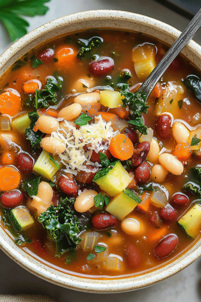 Close-up of a spoonful of vegetable soup with kidney beans, zucchini, carrots, pasta, and kale, topped with parsley and grated cheese, showcasing the vibrant ingredients in a white ceramic bowl.
