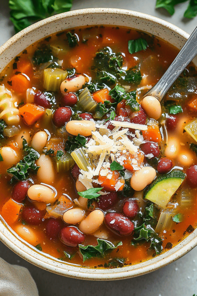 A close-up shot of a spoonful of vegetable soup with kidney beans, zucchini, carrots, pasta, and kale in a rich broth, topped with parsley and grated cheese.