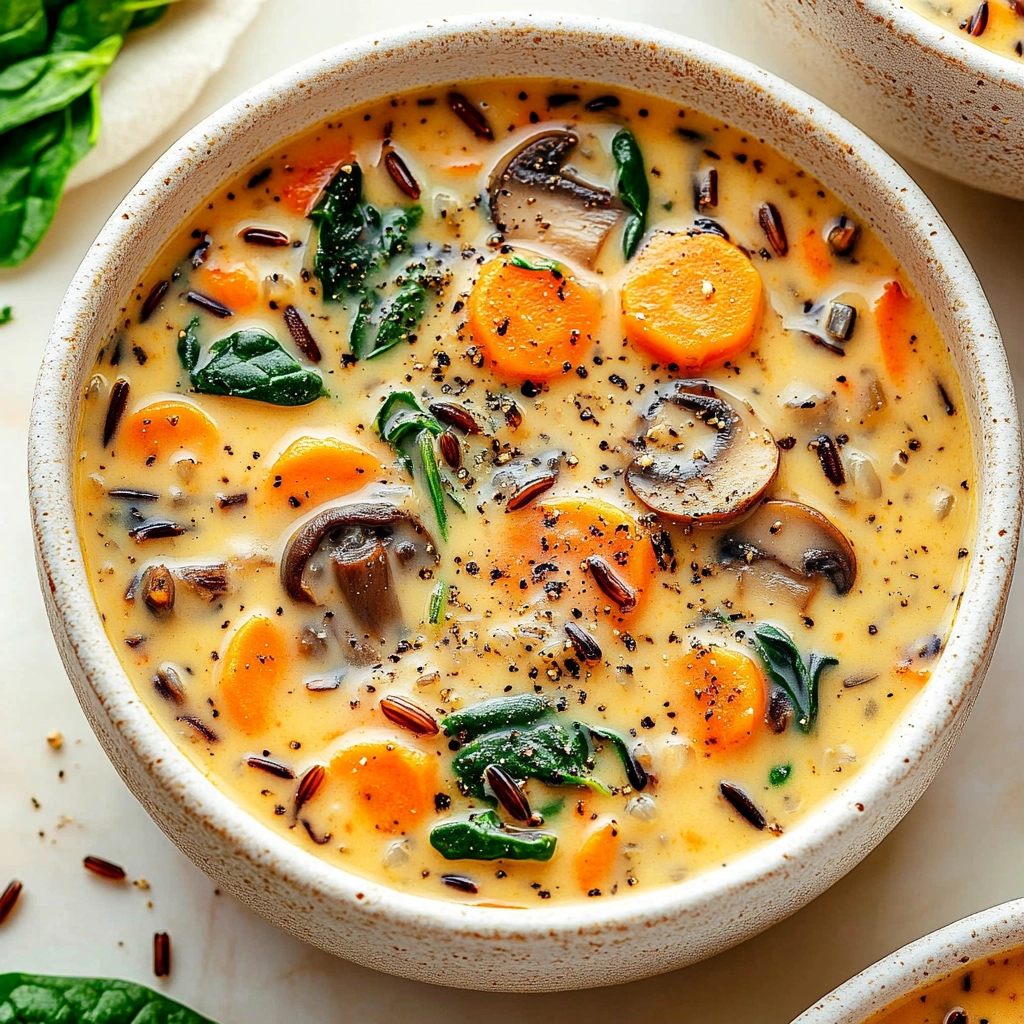 A close-up view of creamy vegetable soup with carrots, mushrooms, wild rice, and spinach in a rich broth, garnished with black pepper, served in a rustic white bowl.