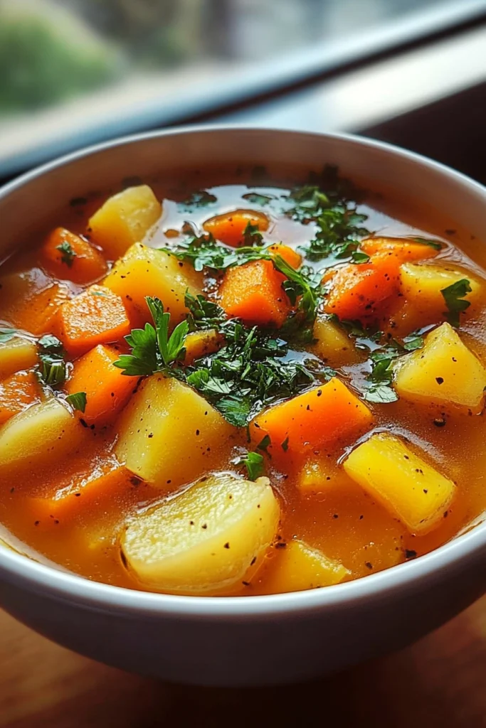 A close-up view of a warm vegetable soup with chunks of butternut squash, carrots, and potatoes, garnished with fresh parsley, in a golden broth, served in a white bowl.
