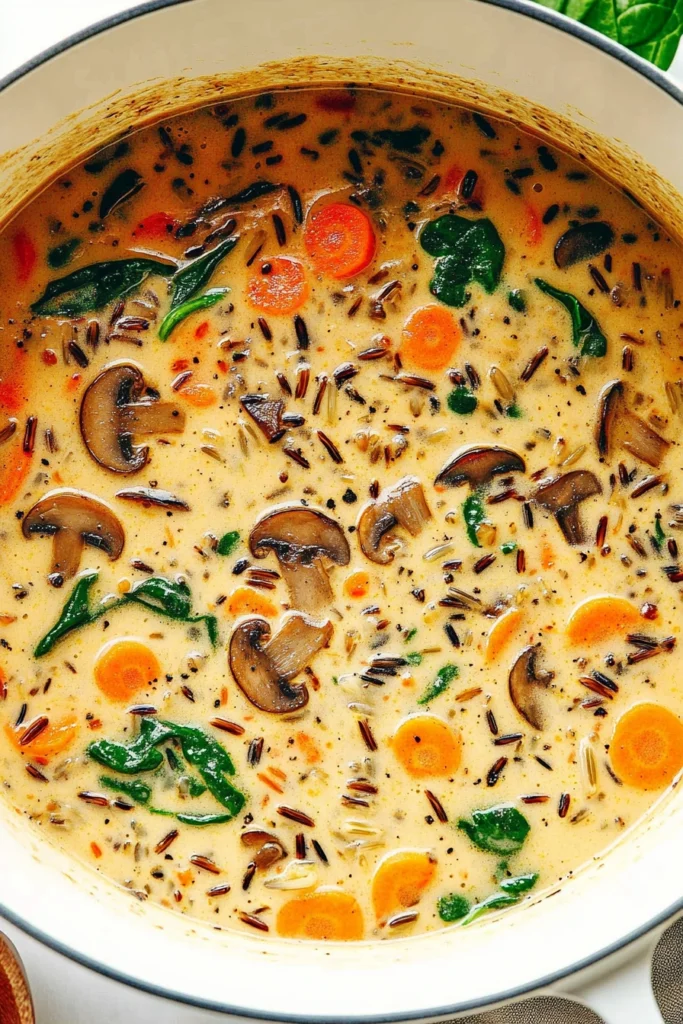 Close-up of creamy vegetable soup with carrots, mushrooms, spinach, and wild rice in a white pot, garnished with cracked black pepper and highlighting the rich broth and vibrant ingredients.