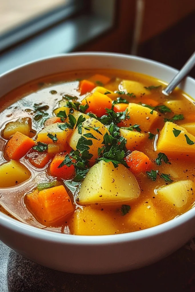 A close-up shot of a bowl of butternut squash soup with tender squash cubes, potatoes, and fresh parsley, garnished with cracked black pepper in a rich golden broth.