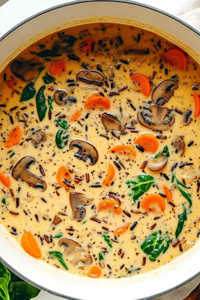 Close-up of a creamy vegetable soup with carrots, mushrooms, wild rice, and spinach in a white pot, garnished with black pepper and herbs, served in a golden broth.