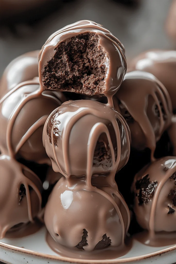 Chocolate truffle balls coated in glossy milk chocolate glaze stacked on a plate.