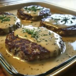 Smothered hamburger steaks in creamy brown gravy topped with parsley in a glass baking dish