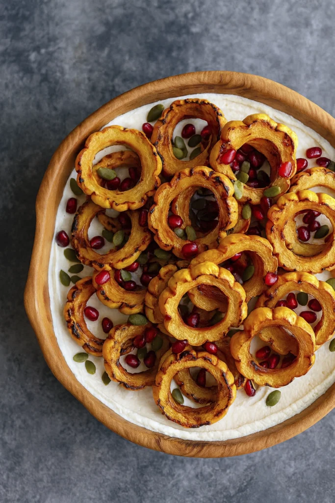 Top-down view of roasted delicata squash rings on yogurt with pomegranate and pumpkin seeds