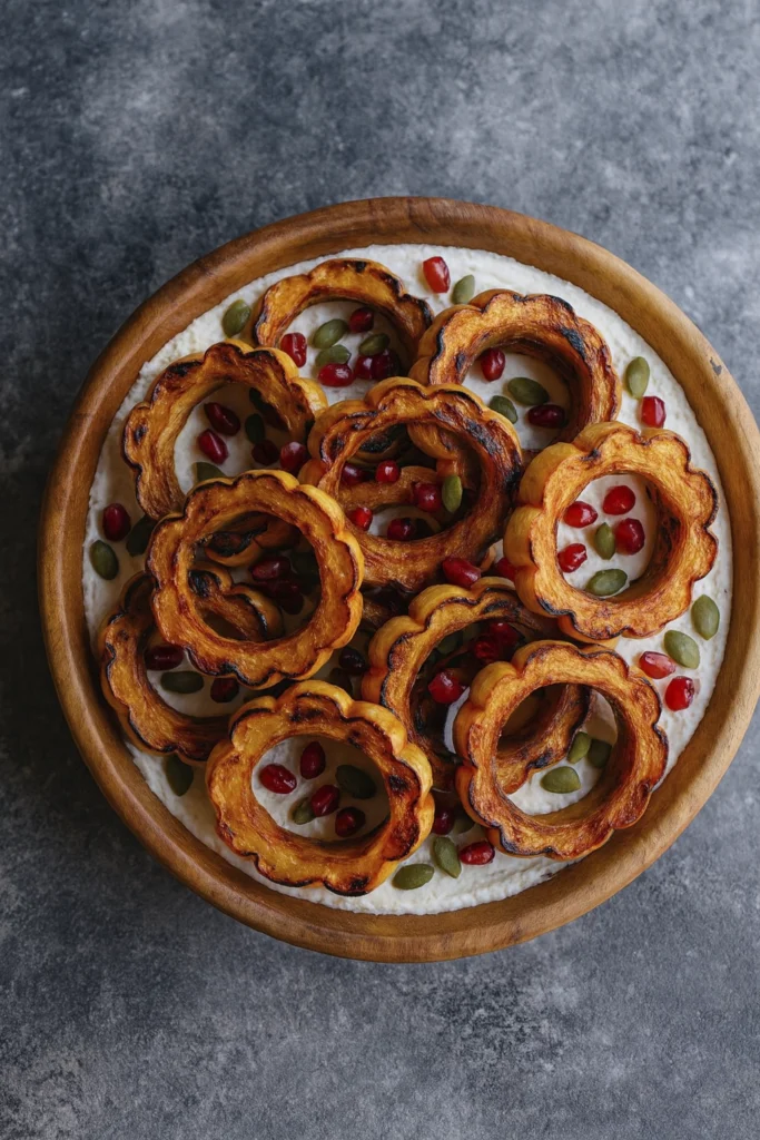 Top-down view of roasted delicata squash with pomegranate and pumpkin seeds in a wooden bowl