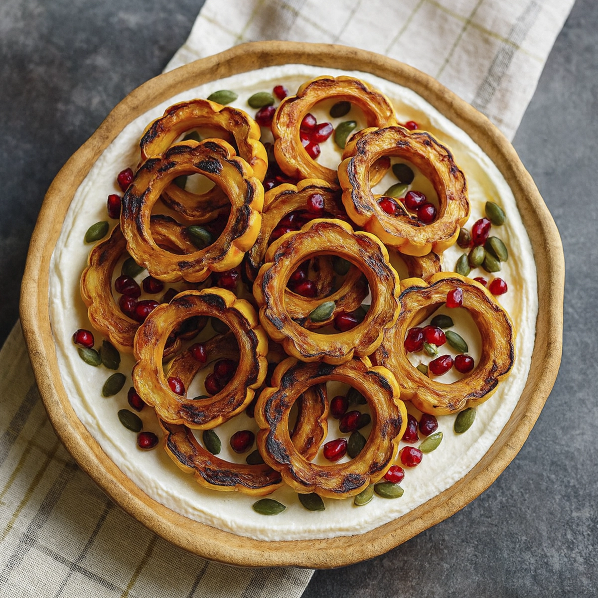 Roasted delicata squash rings with pomegranate and pumpkin seeds on creamy yogurt in a rustic bowl