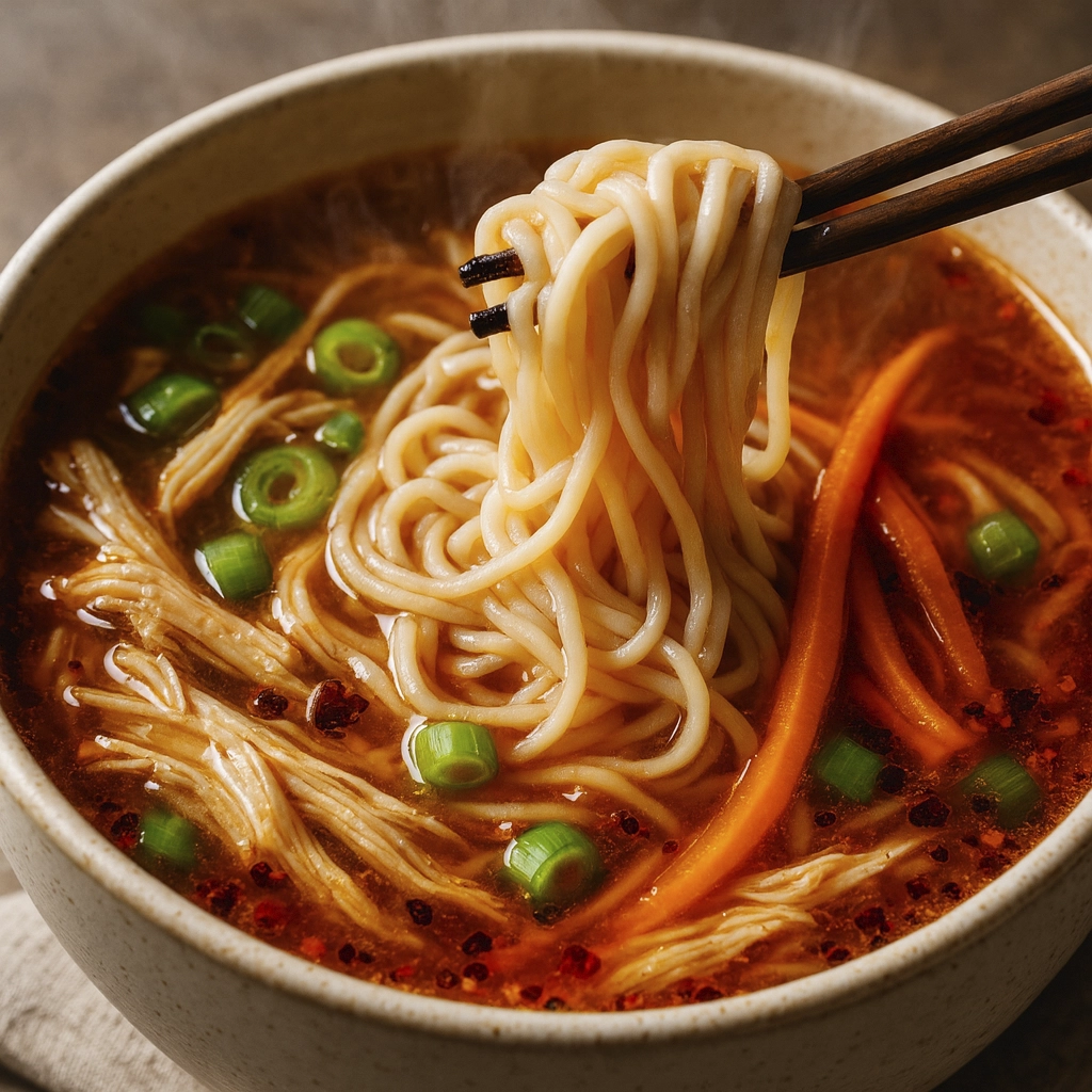 Close-up of steaming Asian chicken noodle soup with lifted noodles and vibrant garnishes in rich broth