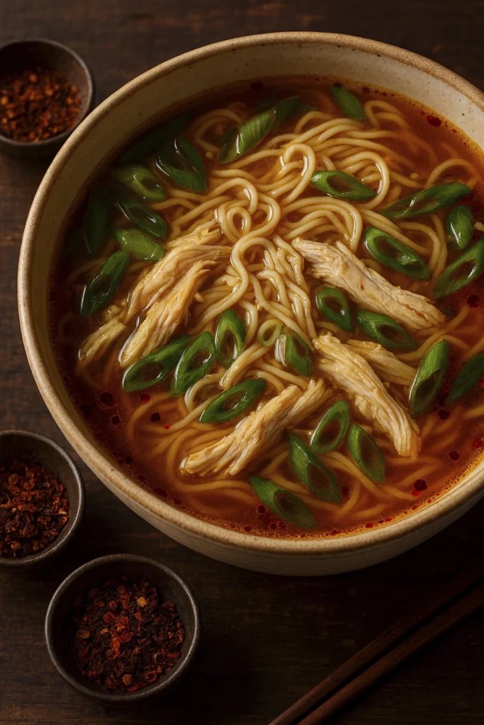 Steaming Asian chicken noodle soup with golden broth, chili oil, and green onions in ceramic bowl