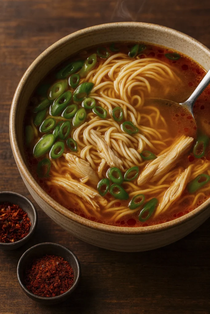 Hearty Asian noodle soup with shredded chicken, chili oil, and green onions in rustic bowl
