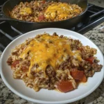 Cheesy ground beef and rice casserole served on a white plate with melted cheddar on top.