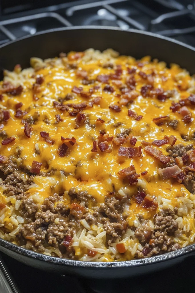 Cheesy ground beef and rice skillet with bacon and melted cheddar in a cast iron pan