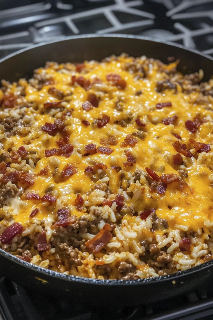Cheesy ground beef and rice skillet with crispy bacon and melted cheddar in a white cast iron pan