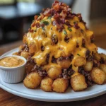 Loaded tater tot mountain topped with melted cheese, ground beef, and crispy bacon