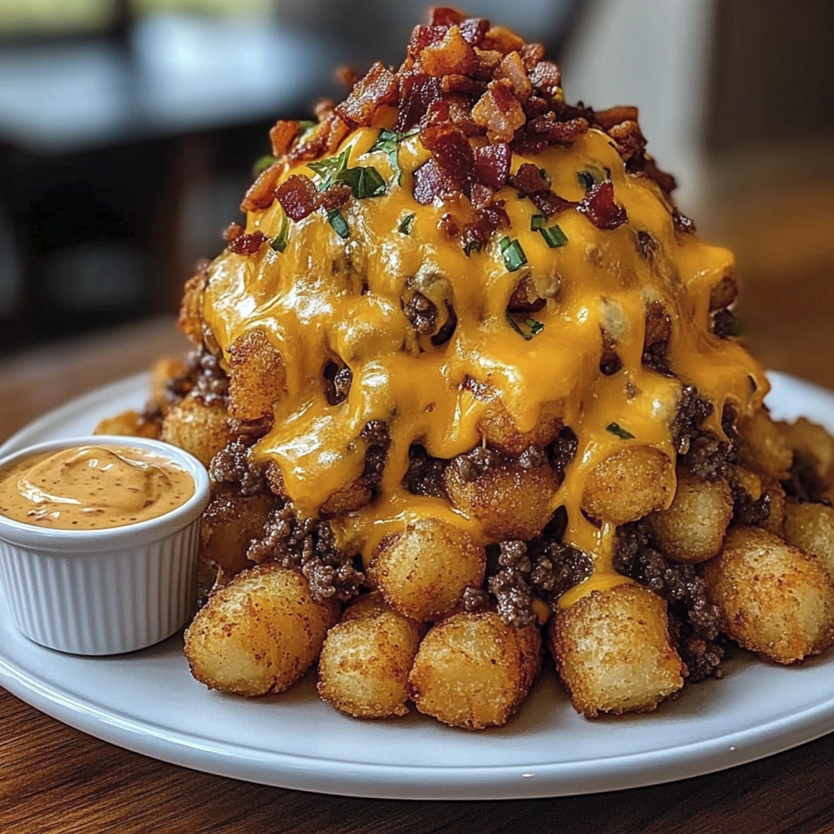 Loaded tater tot mountain topped with melted cheese, ground beef, and crispy bacon